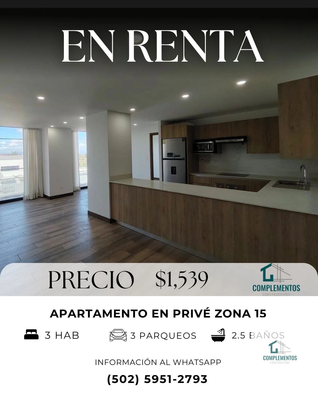 Prive, Apartamento de Renta Zona 15 VHI, 3hab, 94.1 m2 — Apartamento en Alquiler en Zona 15, Guatemala, Ciudad — foto 1 de 7