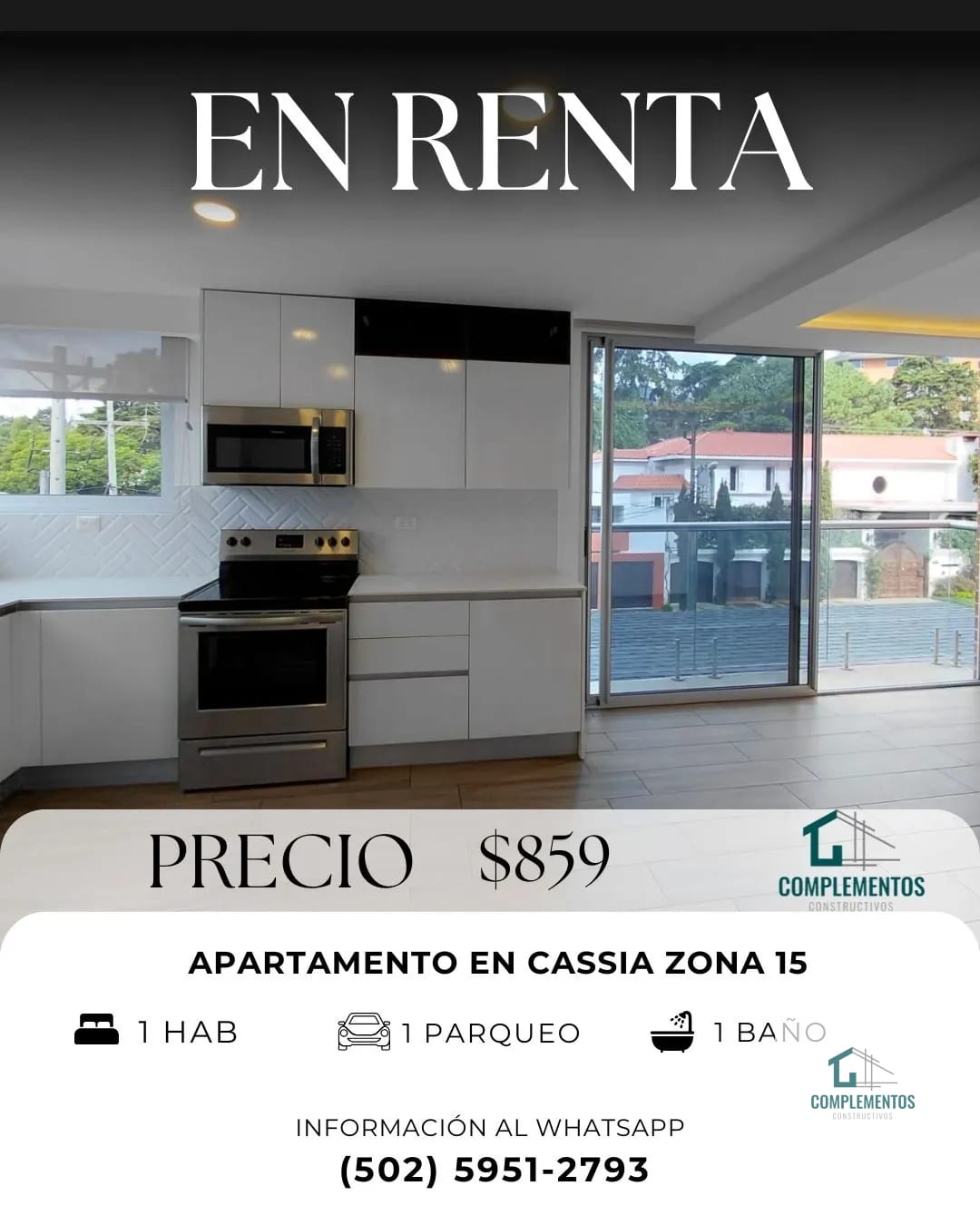 Cassia, Apartamento en Renta zona 15, 1hab. 50m2 - Image 1
