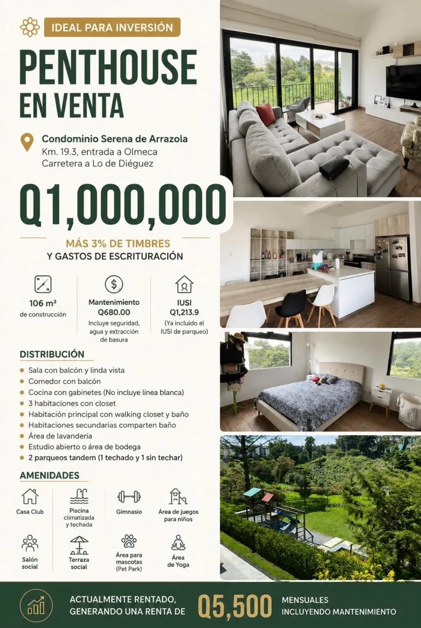 Penthouse Villa Serena KM 20 Carr a Lo de Dieguez — Apartamento en Venta en Villa Serena, Carretera a El Salvador, Guatemala, Ciudad — foto 1 de 15